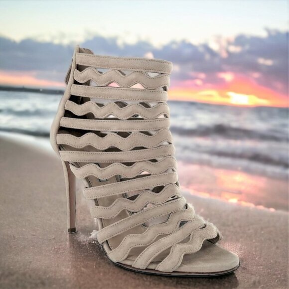 Prada Beige Suede Wavy Shootie Peep Toe Cage Heels Size 41 Neutral - Picture 1 of 9